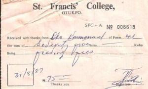 Emmanuel Okoh's 1987 Feeding Fees Receipt